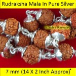 MANTRA SIDDHA RUDRAKSHA MALA IN PURE SILVER (7 MM 14" X 2 Inch) NATURAL BEADS